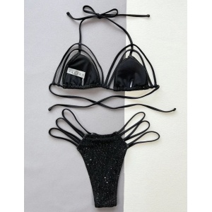 Costum de baie 2 piese texturat, tanga, cu insertii de sclipici si bretele decorative, negru #ZZ2804 - Img 4