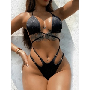 Costum de baie 2 piese unite prin snururi cu imprimeu leopard, negru #ZZ1064 - Img 2