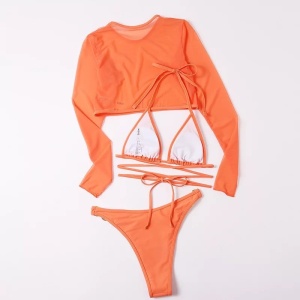 Costum de baie 3 piese cu bluza, cercuri metalice la slip, portocaliu #ZZ3937 - Img 5