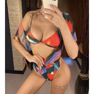 Costum de baie 3 piese cu bluza scurta, rosu #ZZ3913 - Img 5