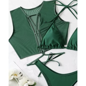 Costum de baie 3 piese cu bluza scurta si slip brazilian, verde #ZZ3910 - Img 5