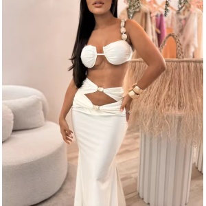 Costum de baie 3 piese cu fusta lungă și pietre decorative , alb #ZZ3028 - Img 2