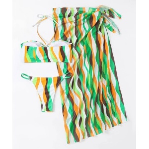 Costum de baie 3 piese cu fusta midi, sutien cu prindere dupa gat, multicolor #ZZ3942 - Img 3
