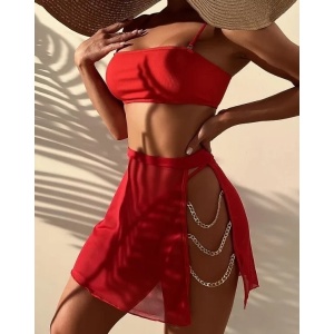 Costum de baie 3 piese cu fusta si lantisoare aurii decorative, rosu #ZZ3906