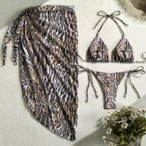 Costum de baie 3 piese cu fusta, slip reglabil, animal print, maro #ZZ3022 - Img 6