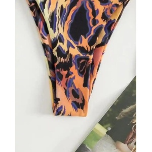 Costum de baie 3 piese cu halat, cupe buretate, slip reglabil, animal print, negru/ maro #ZZ3953 - Img 5
