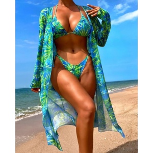Costum de baie 3 piese cu halat de plaja, imprimeu exotic, verde/ albastru #ZZ3970