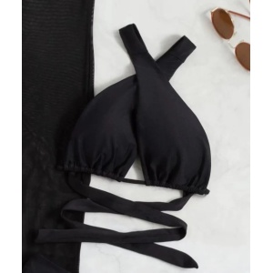 Costum de baie 3 piese cu pantalon lung din voal semitransparent, sutien petrecut, negru #ZZ3961 - Img 5