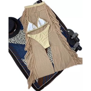 Costum de baie 3 piese cu pantalon lung semitransparent, bej #ZZ3946 - Img 4