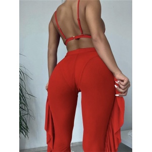 Costum de baie 3 piese cu pantalon lung semitransparent, rosu #ZZ3945 - Img 2