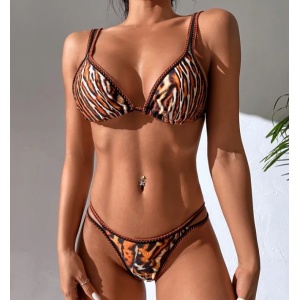 Costum de baie 3 piese cu pantaloni lungi, animal print, maro #ZZ3976