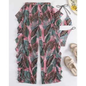 Costum de baie 3 piese cu pantaloni lungi vaporosi, imprimeu, roz/ verde#ZZ3974 - Img 2