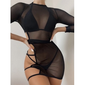 Costum de baie 3 piese cu rochie decupata lateral, negru #ZZ3907