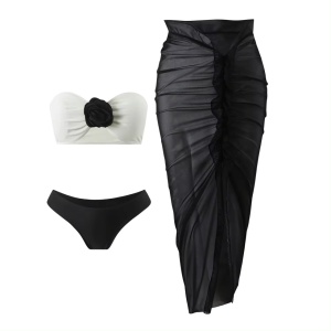 Costum de baie 3 piese, cu sutien fara bretele si fusta midi din voal, alb/ negru #ZZ3026 - Img 7