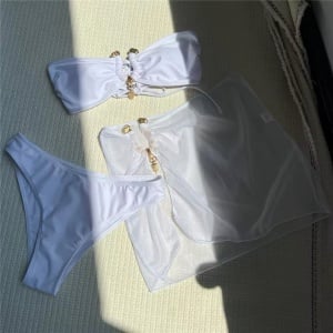 Costum de baie 3 piese, cu sutien fara bretele si fusta scurta din voal, alb #ZZ3029 - Img 5