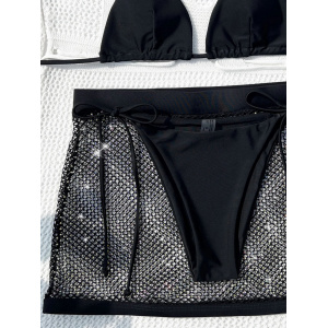 Costum de baie 3 piese, fusta cu aspect metalizat, slip reglabil, negru/ argintiu #ZZ3001 - Img 4
