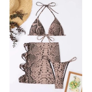 Costum de baie 3 piese, fusta cu decupaje, slip tanga, imprimeu sarpe, maro #ZZ3982 - Img 10