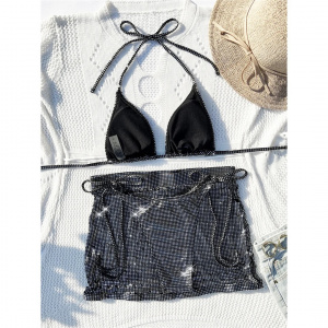 Costum de baie 3 piese metalizat, fusta scurta cu decupaje, argintiu #ZZ3016 - Img 8