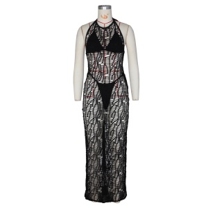 Costum de baie 3 piese, rochie lunga crosetata cu spatele gol, negru #ZZ3039 - Img 6