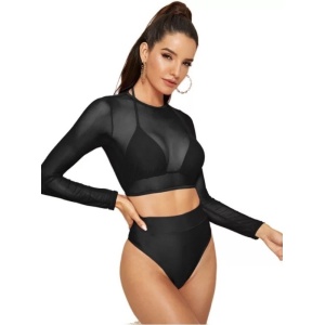 Costum de baie 3 piese sexy cu bluza scurta semitransparenta, negru #ZZ3924 - Img 2