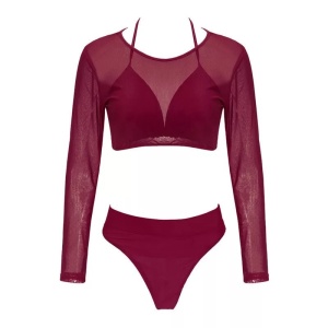 Costum de baie 3 piese sexy cu bluza scurta semitransparenta, visiniu #ZZ3926 - Img 4