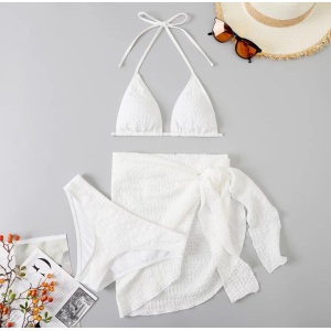 Costum de baie 3 piese texturat, cu fusta scurta, alb #ZZ3917 - Img 4