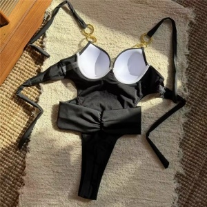 Costum de baie intreg cu cupe tari din burete și catarame metalice decorative, negru #ZZ1043 - Img 3