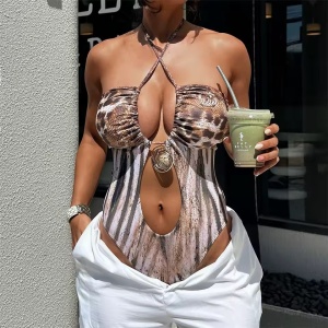 Costum de baie intreg cu decolteu, animal print, maro/bej #ZZ1028