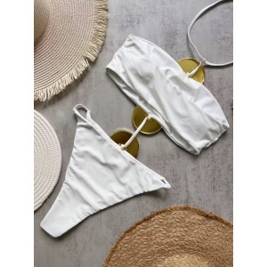 Costum de baie intreg decupat cu accesorii decorative aurii, alb #ZZ2139 - Img 5