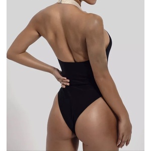  Costum de baie intreg negru cu inchidere la baza gatului, decolteu si elemente aurii, negru #ZZ1922 - Img 2