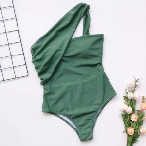 Costum de baie intreg sexy, pe un umar, cu decupaj la spate, verde khaki #ZZ1926 - Img 5