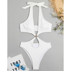 Costum de baie intreg sexy, ridat, cu decupaje la bust si abdomen, alb #ZZ1942 - Img 3