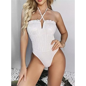 Costum de baie intreg sexy, sidefat, material texturat in partea superioara, alb #ZZ1915 - Img 3