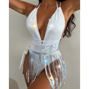 Costum de baie intreg sidefat, cu decolteu, spatele gol si paiete detasabile, 2 piese, alb #ZZ1016
