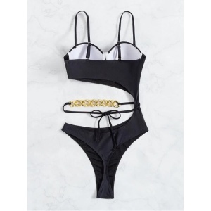 Costum de baie intreg tanga cu push-up, ridat, cu decupaj si lant auriu decorativ, negru #ZZ1923 - Img 4