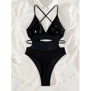 Costum de baie intreg tanga cu spatel gol si perle decorative, negru #ZZ1095 - Img 5