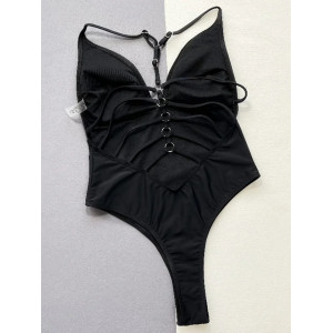 Costum de baie intreg tanga cu spatele gol si bretele decorative, negru #ZZ1006 - Img 4