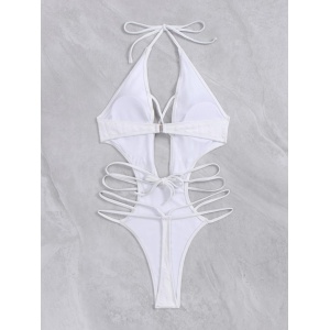 Costum de baie intreg tanga texturat, cu decupaje, decolteu si snururi, alb #ZZ1956 - Img 4