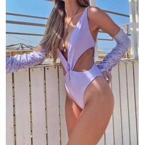 Costum de baie sexy intreg, cu manusi, decolteu adanc si decupaje, lila #ZZ1929 - Img 4