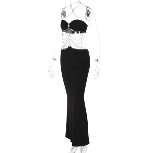 Rochie lunga sexy cu decupaje mari, spatele gol si lanturi metalice decorative, negru #ZZ1074 - Img 9