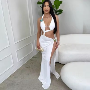 Rochie lungă sexy cu decupaje și crăpătură pe picior, alb #ZZ1081 - Img 6