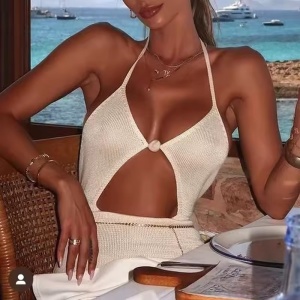 Rochie lungă sexy de plajă tricotată fin, cu spatele gol și crăpături laterale, alb #ZZ1084 - Img 9