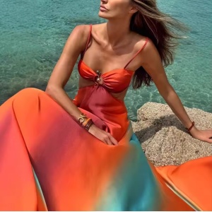 Rochie lungă sexy de plajă, vaporoasă, cu decupaje laterale, multicolor #ZZ1103 - Img 4