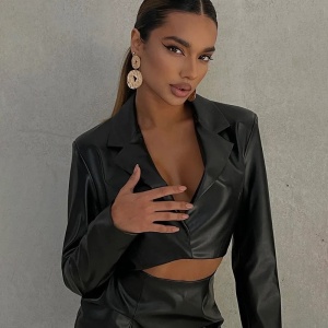 Rochie neagra sexy din piele ecologica, cu decupaj in zona abdomenului, negru #ZZ2705 - Img 2