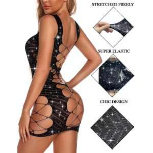 Rochie scurta sexy, elastica, cu decupaje si cristale decorative, negru #ZZ4486 - Img 11