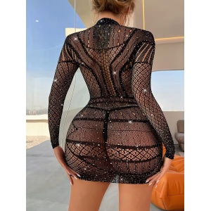 Rochie scurta sexy, elastica, cu maneca lunga si cristale decorative, negru #ZZ4593