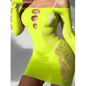 Rochie scurta sexy, elastica, cu maneca lunga si perle decorative, verde neon #ZZ4604 - Img 6