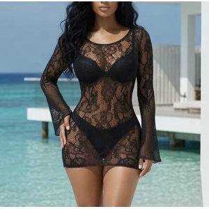 Rochie scurta sexy elastica din plasa cu maneci evazare, negru #ZZ4170 - Img 8