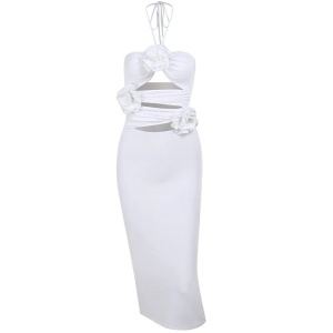 Rochie sexy midi cu decupaje, crapatura si trandafiri decorativi, alb #ZZ1042 - Img 9