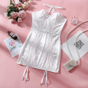 Rochie sexy satinata, cu insertii de dantela, accesorii prindere portjartier si ciorapi, alb #ZZ4028 - Img 10